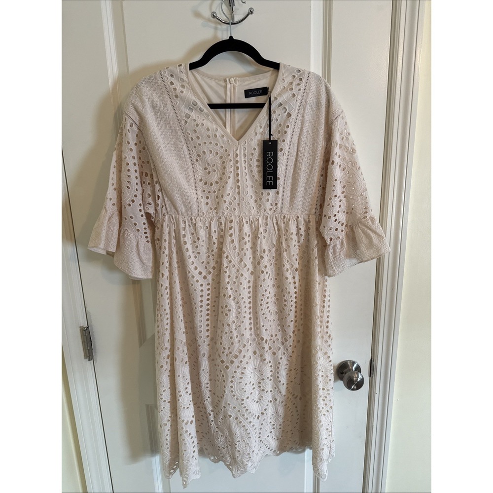 Roolee Ivory Eyelet V-Neck Babydoll Dress